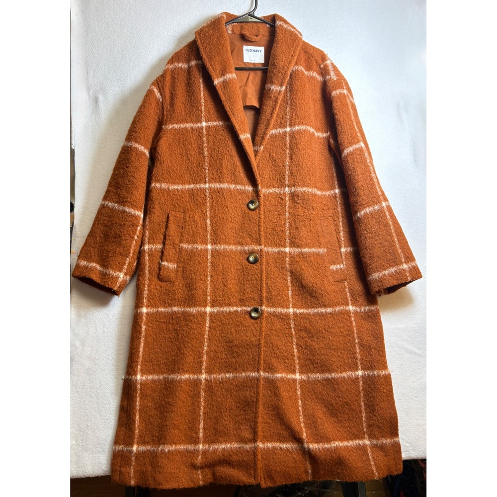 Old Navy Womens Long Windowpane Plaid Coat Rust Orange Boucle Overcoat Large - Picture 2 of 8